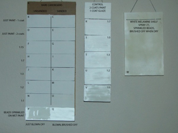 My DIY projector paint experimental test surfaces, labelled.