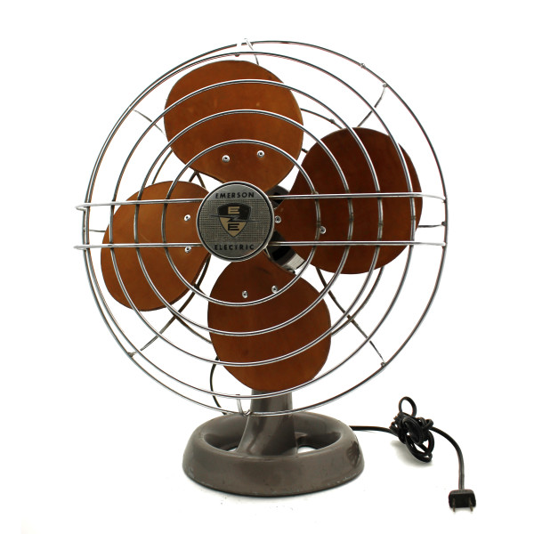 The refurbished fan, with handsome brown leather blades, touched-up paint, and straightened wire cage.